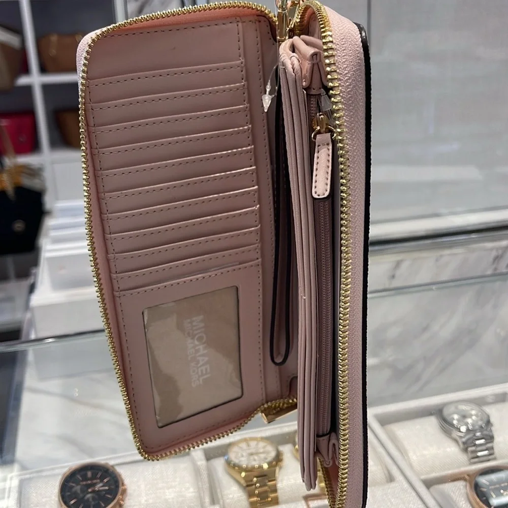 MICHAEL KORS Jet Set Travel Lg Signature Logo Continental Wristlet POWDER BLUSH